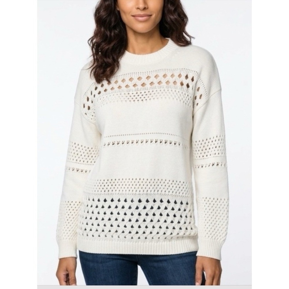 Dee Elly Open Knit Sweater Women Size S White 100% Cotton Pointelle Crewneck